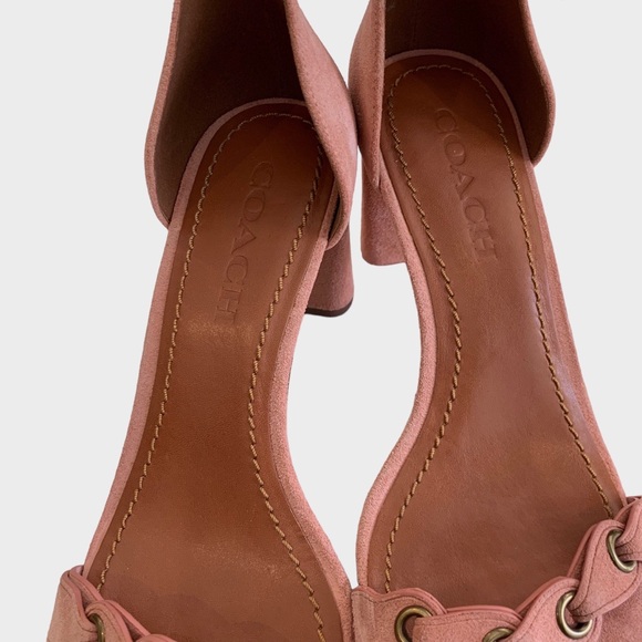 COACH LINK PEONY PINK SUEDE ANKLE STRAP OPEN TOE HEELED SANDALS - Picture 13 of 16